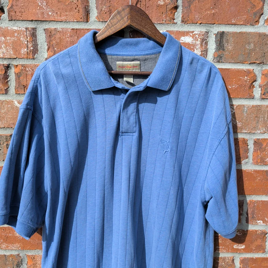 Original Island Sport Polo Mens XL Blue Ribbed Marlin Logo Fishing Shirt