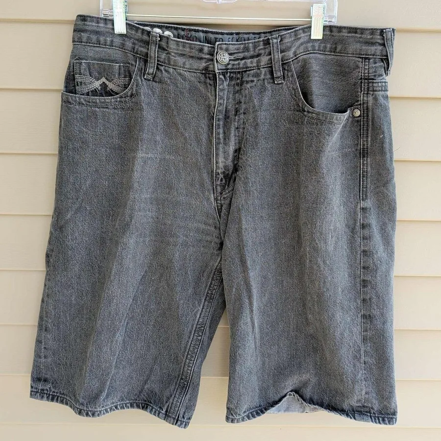 Ecko Unltd Denim Shorts Mens 38 Black Baggy Embroidered Y2K Streetwear 13 Inseam
