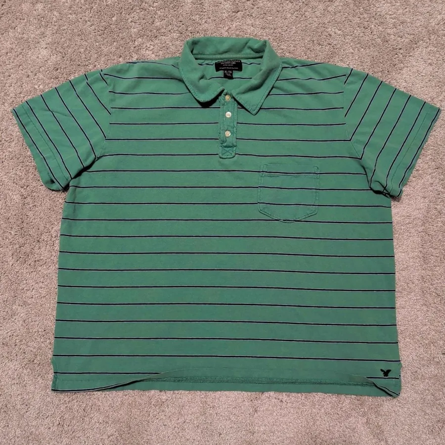 American Eagle Polo Shirt Mens XL Green Navy Blue Striped Short Sleeve Cotton
