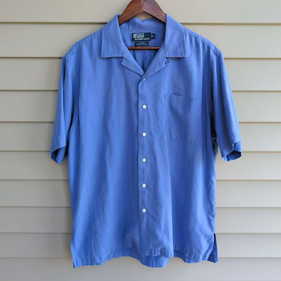 Polo Ralph Lauren Caldwell Silk Cotton Camp Shirt Mens L Blue Short Sleeve