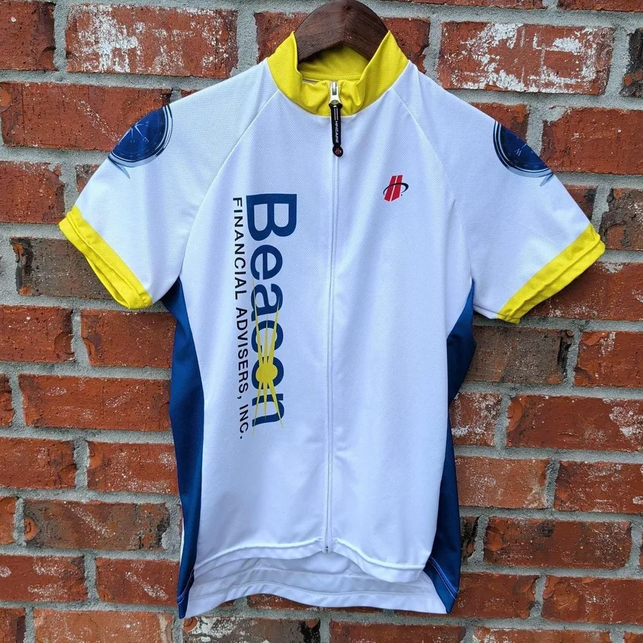 Hincapie Cycling Jersey Womens Medium White Blue Beacon Financial Full Zip