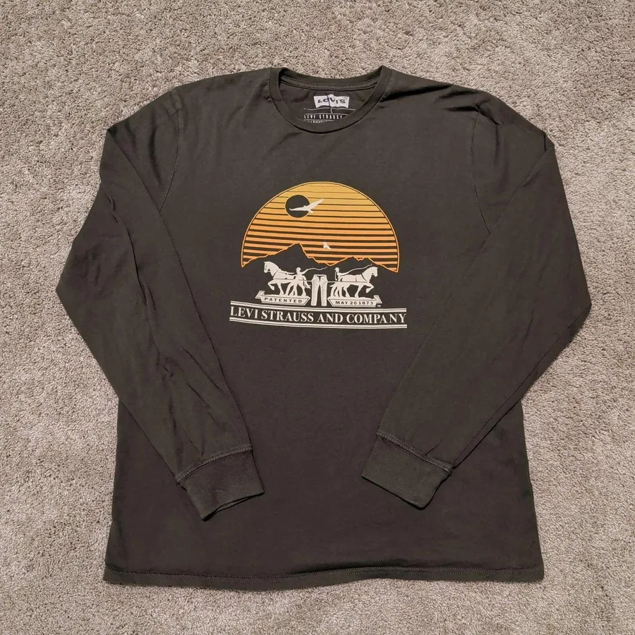 Levi's Long Sleeve Shirt Mens Large Green Graphic Two Horse Pull Logo Tee