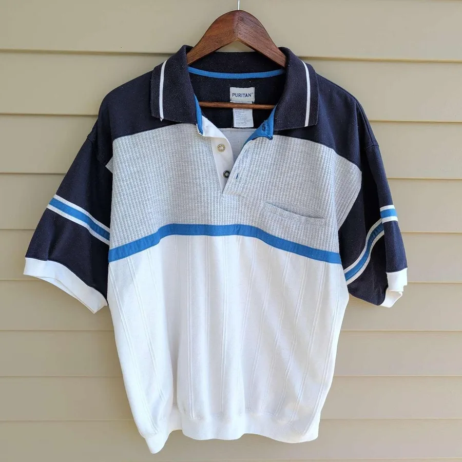 Puritan Polo Shirt Mens Large L Blue White Colorblock Textured Waffle Knit Retro