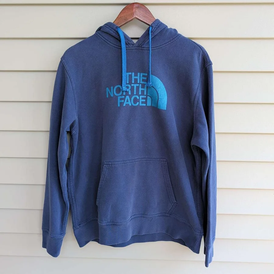 The North Face Hoodie Mens Large Navy Blue Turquoise Graphic Logo Pullover