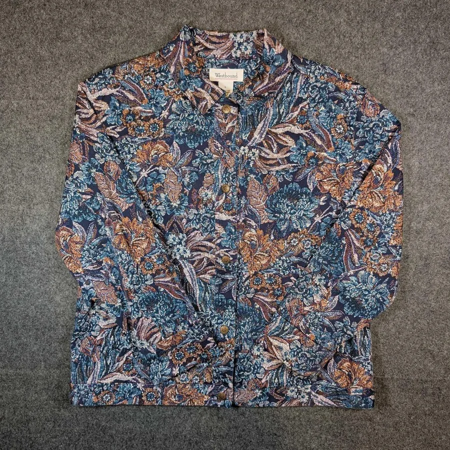Westbound Tapestry Jacket Womens L Blue Brown Floral Button Up Boho Chore