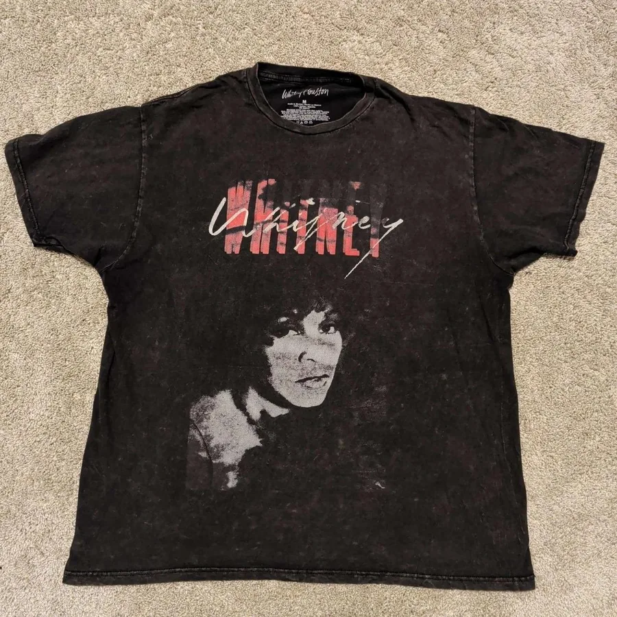 Whitney Houston Graphic Tee Mens Medium Black Mineral Wash Music T-Shirt