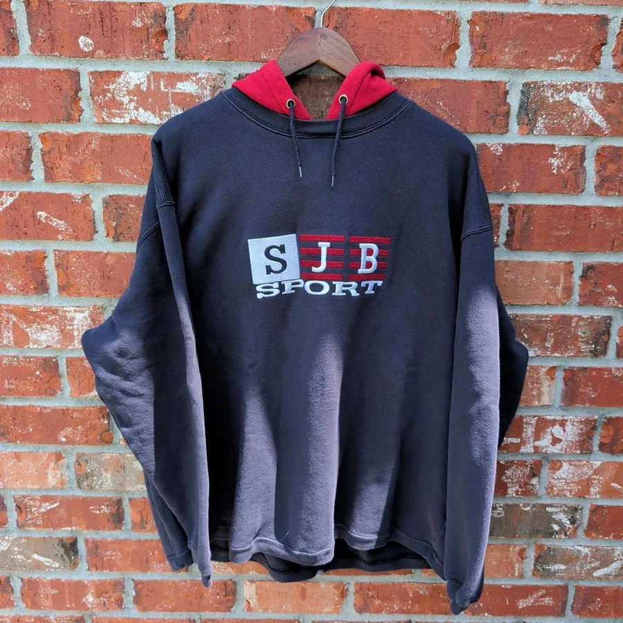 St. John's Bay Sport Hoodie Mens XL Navy Blue Red Embroidered Vintage 90s