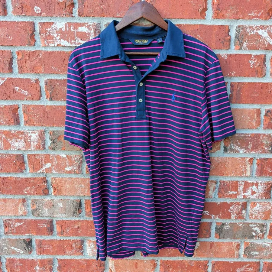 Polo Golf Ralph Lauren Polo Shirt Mens Large Navy Pink Striped Pro Fit Pima