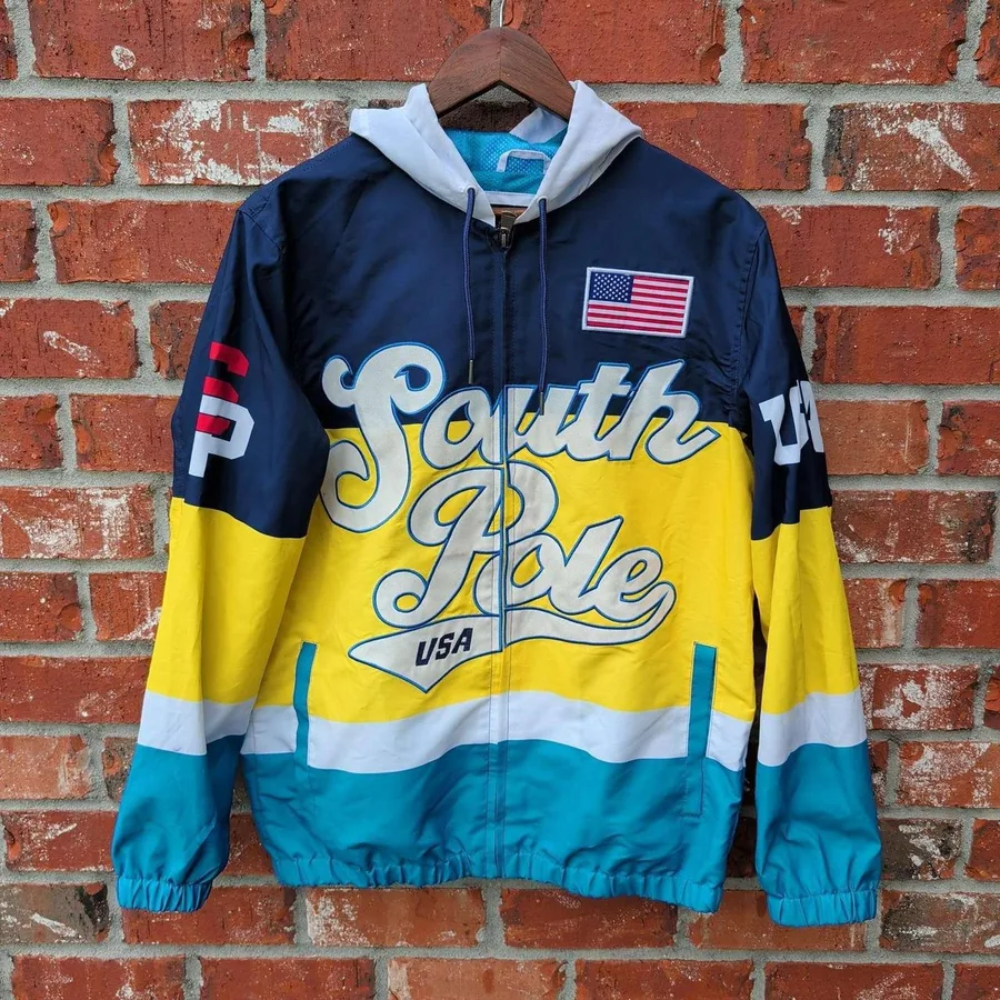 Southpole Windbreaker Jacket Mens Small Navy Yellow Colorblock USA Graphic NWT