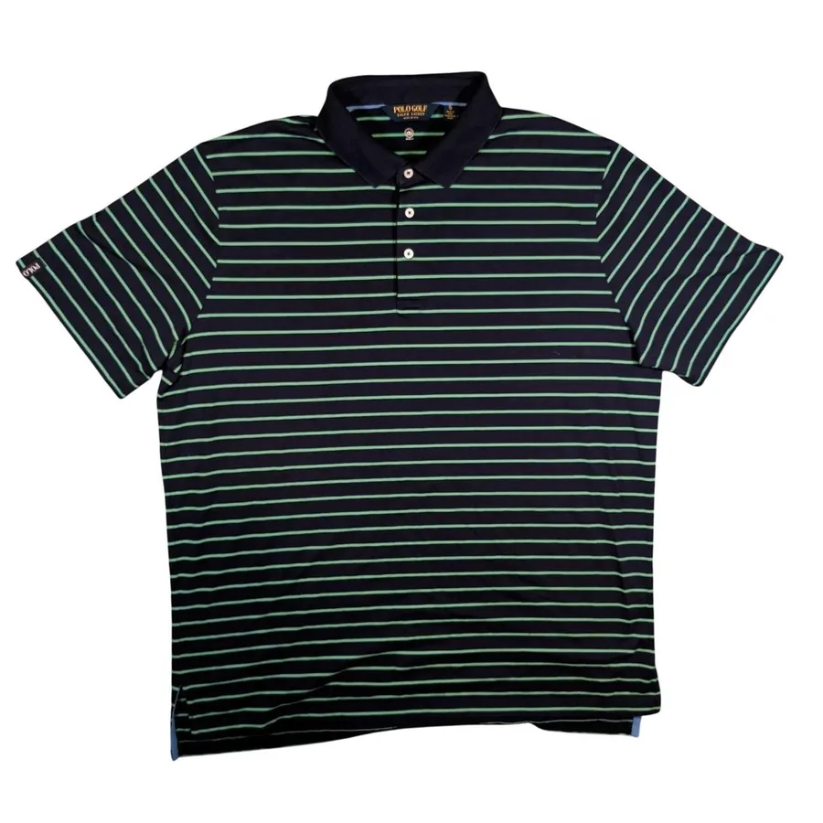 Polo Golf Ralph Lauren Polo Shirt Mens XL Navy Blue Green Striped Wicking Short