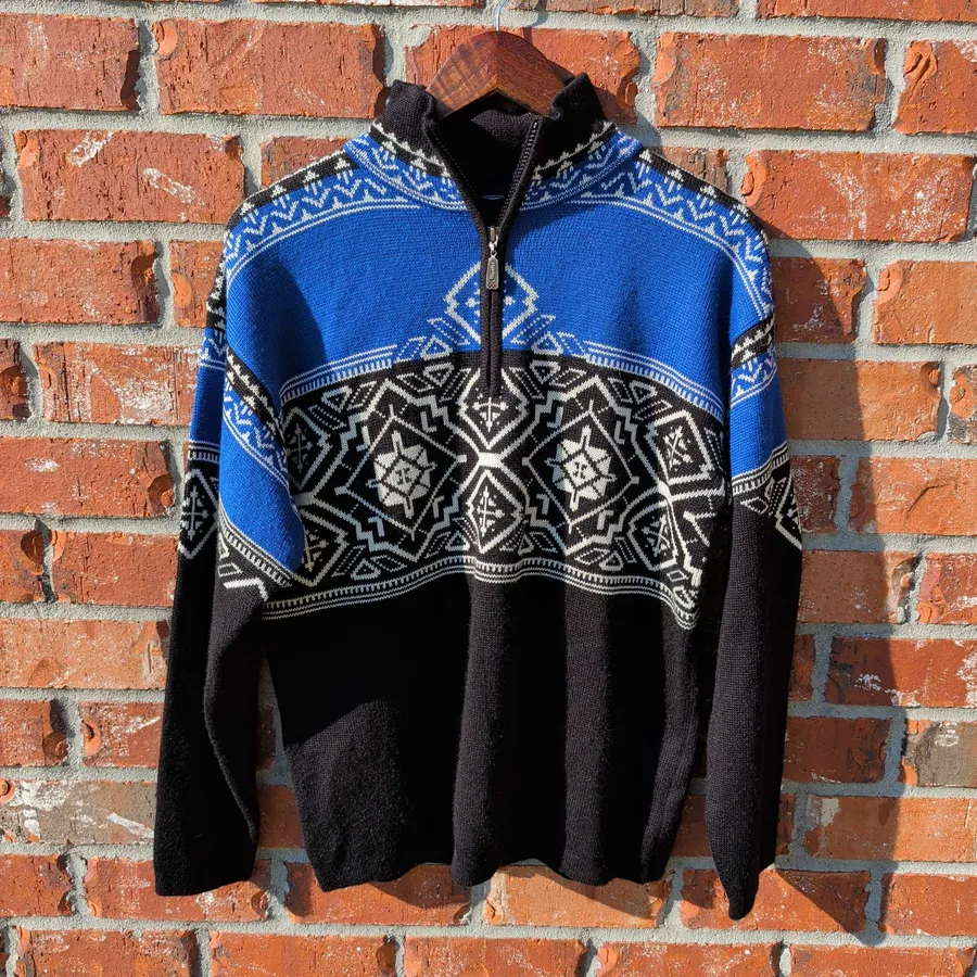 Meister 1/4 Zip Sweater Mens Small Blue Black Aztec Wool Blend Ski