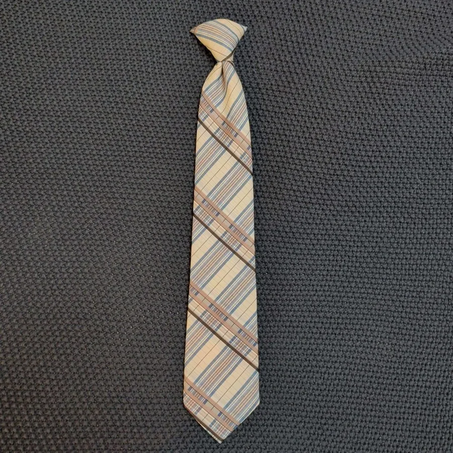 Sears Fashion Collection Clip-On Tie Mens OS Tan Blue Brown Plaid Vintage 70s
