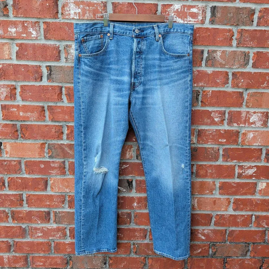 Levis 501 93 Straight Leg Jeans Mens 38x32 Blue Distressed Button Fly Premium