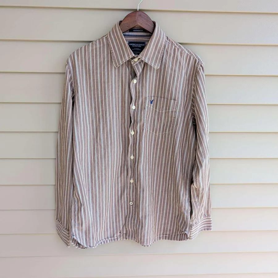 American Eagle Button Down Shirt Men Large Brown Striped Vintage Fit Long Sleeve