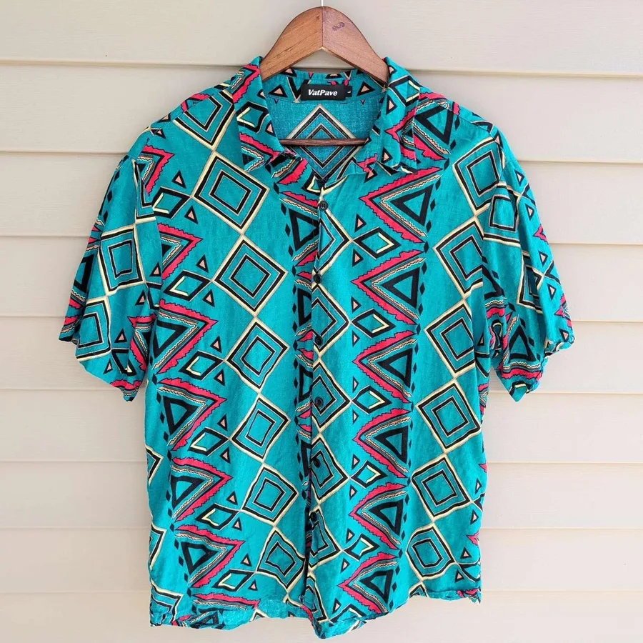 VatPave Button Down Shirt Mens Large Teal Geometric Tribal Print Short Sleeve