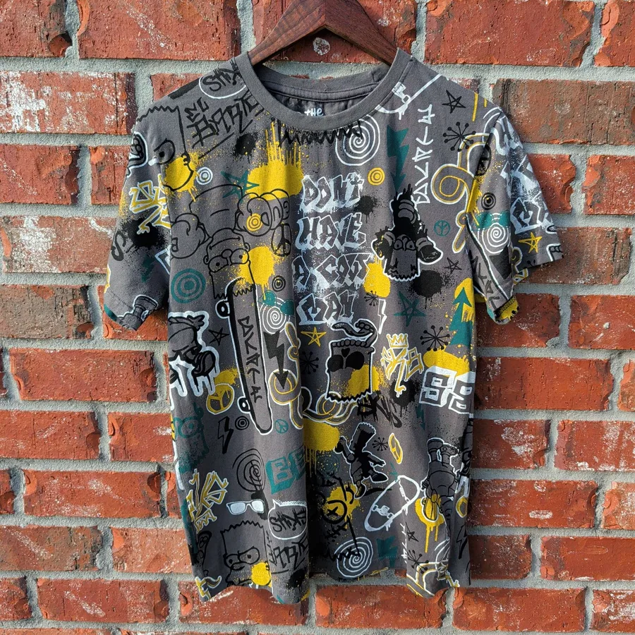 The Simpsons Bart Skater Graffiti T-Shirt Mens M Gray All Over Print Tee