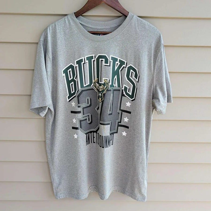 NBA Milwaukee Bucks T-Shirt Mens Large Grey Giannis Antetokounmpo 34 Graphic