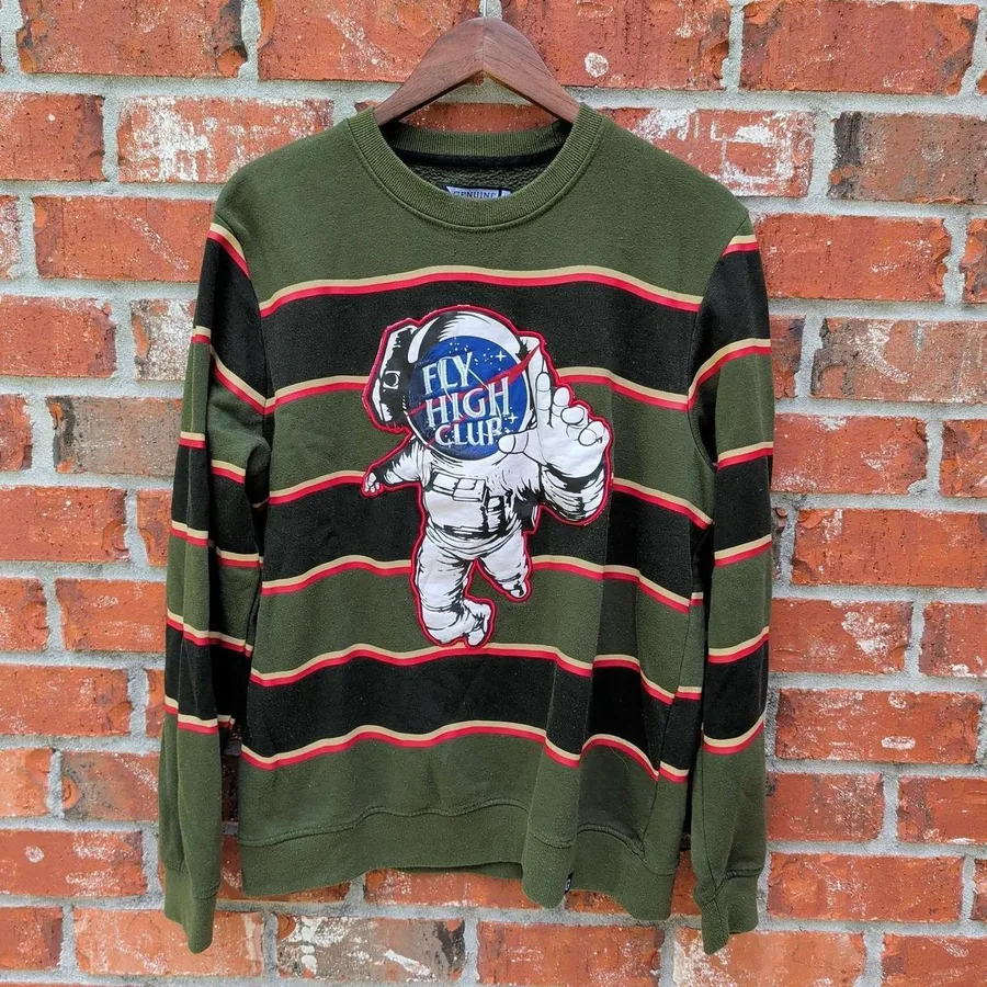 Genuine Mens Large Green Striped Fly High Club Astronaut Pullover