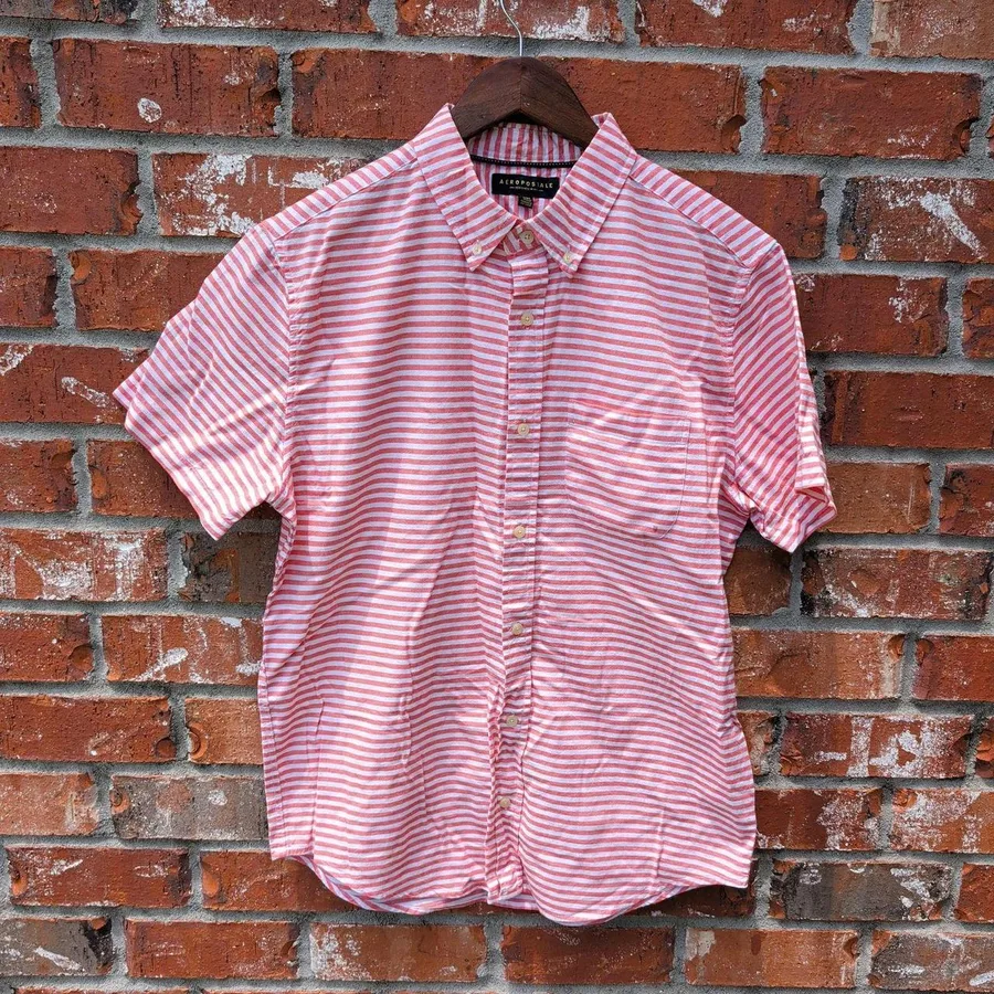 Aeropostale Striped Button Down Shirt Mens Medium Pink White Short Sleeve Oxford