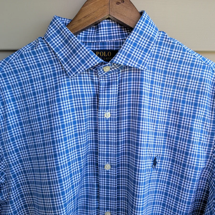 Polo Ralph Lauren Dress Shirt Mens 17 34/35 Blue Plaid Button Down NWT