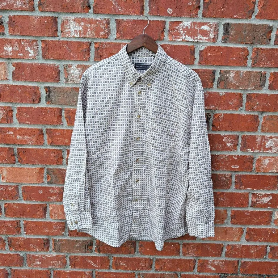 David Taylor Button Down Shirt Mens XL Blue Tan Geometric Long Sleeve Cotton