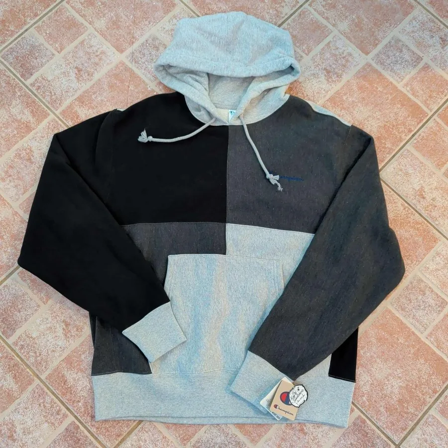Champion Reverse Weave Hoodie Mens Large Grey Black Colorblock Patchwork S3370