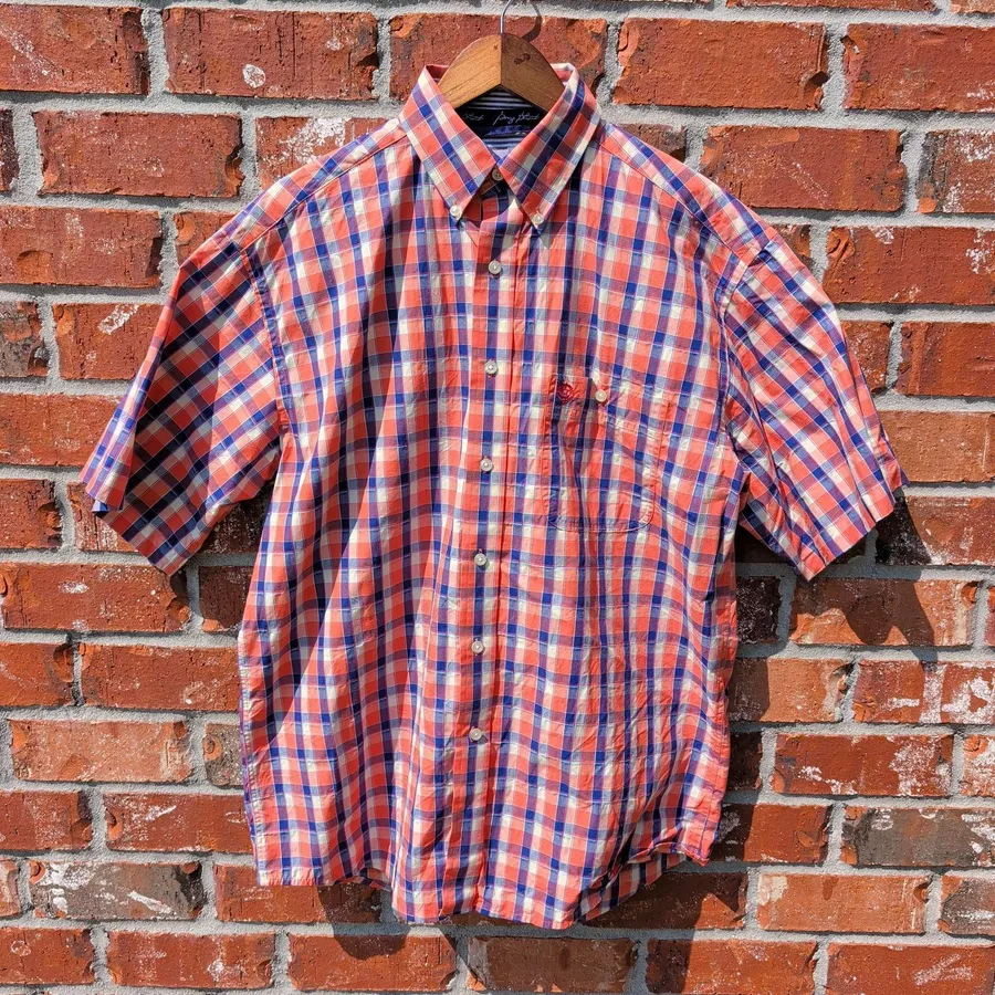 Wrangler George Strait Shirt Mens M Orange Blue Plaid Cowboy Cut Short Sleeve