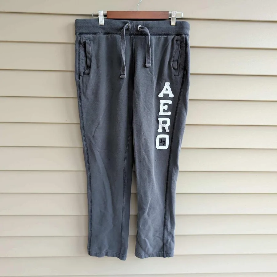 Aeropostale Sweatpants Mens Medium Grey AERO 87 Graphic Fleece Joggers