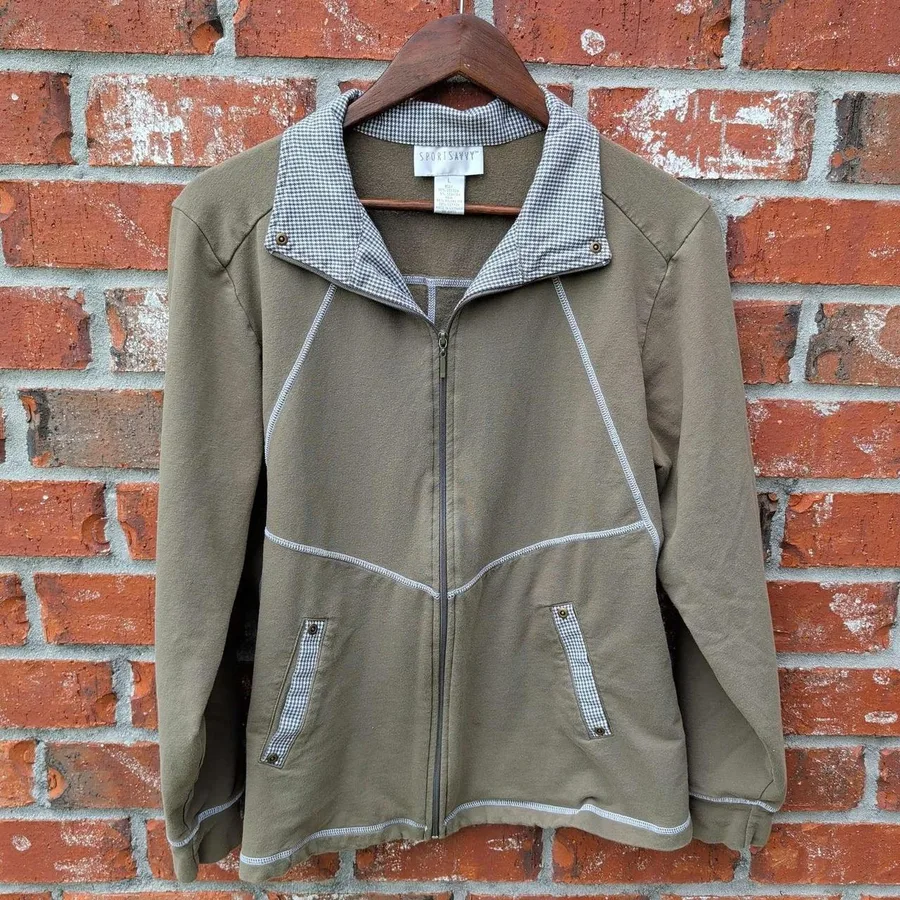 Sport Savvy Zip Jacket Mens Large Olive Green Houndstooth Trim Contrast Stitch