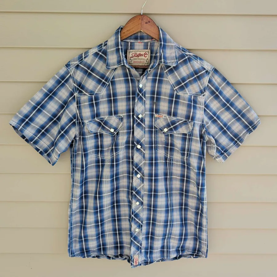 Rafter C Cowboy Collection Western Shirt Mens Blue Plaid Pearl Snap Short Sleeve