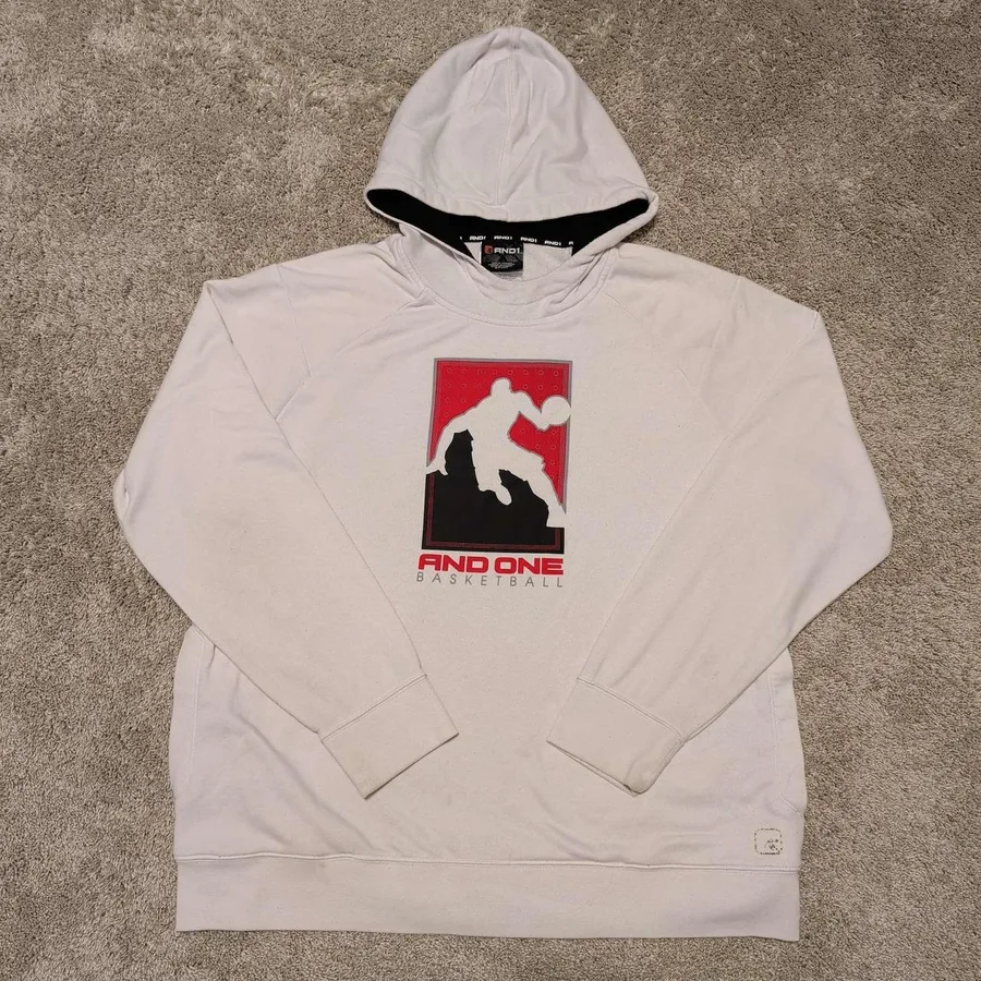 AND1 Basketball Hoodie Mens XL Light Gray Graphic Pullover Raglan