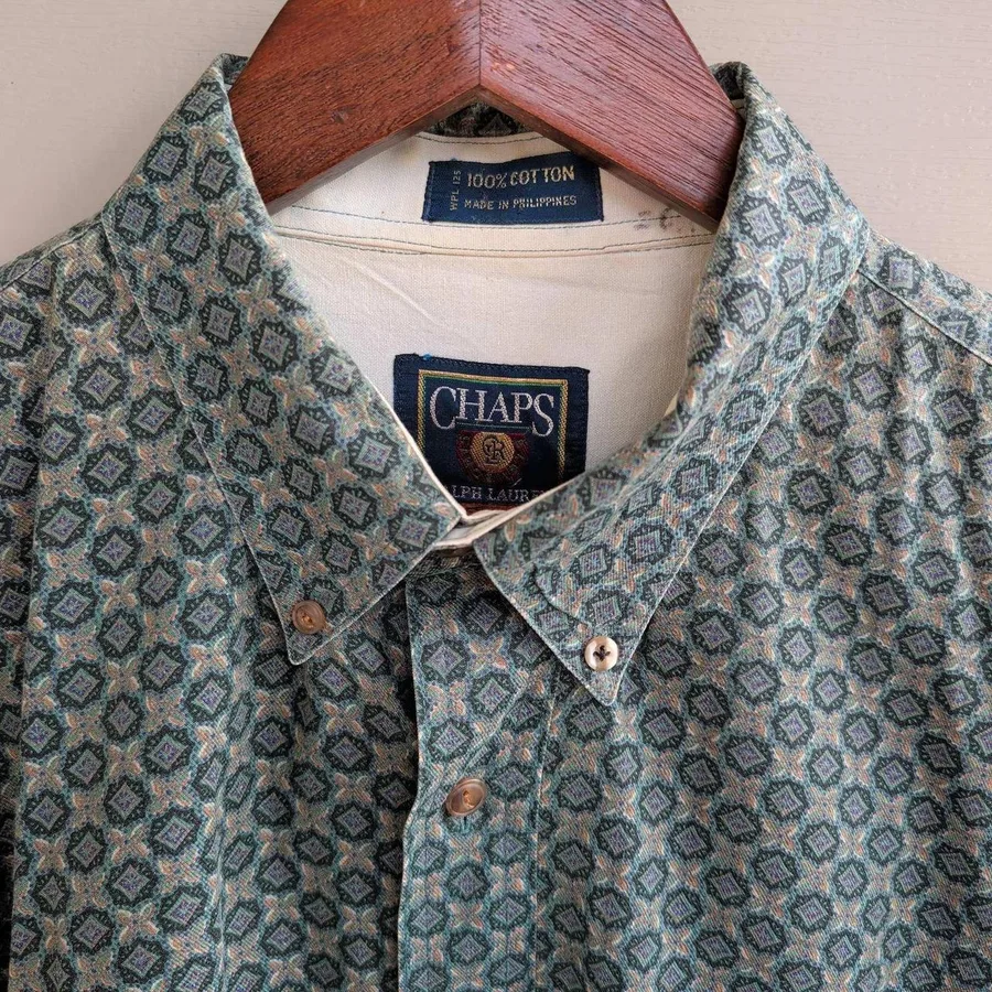 VTG 90s Chaps Ralph Lauren Button Down Shirt Mens Large Green Geometric
