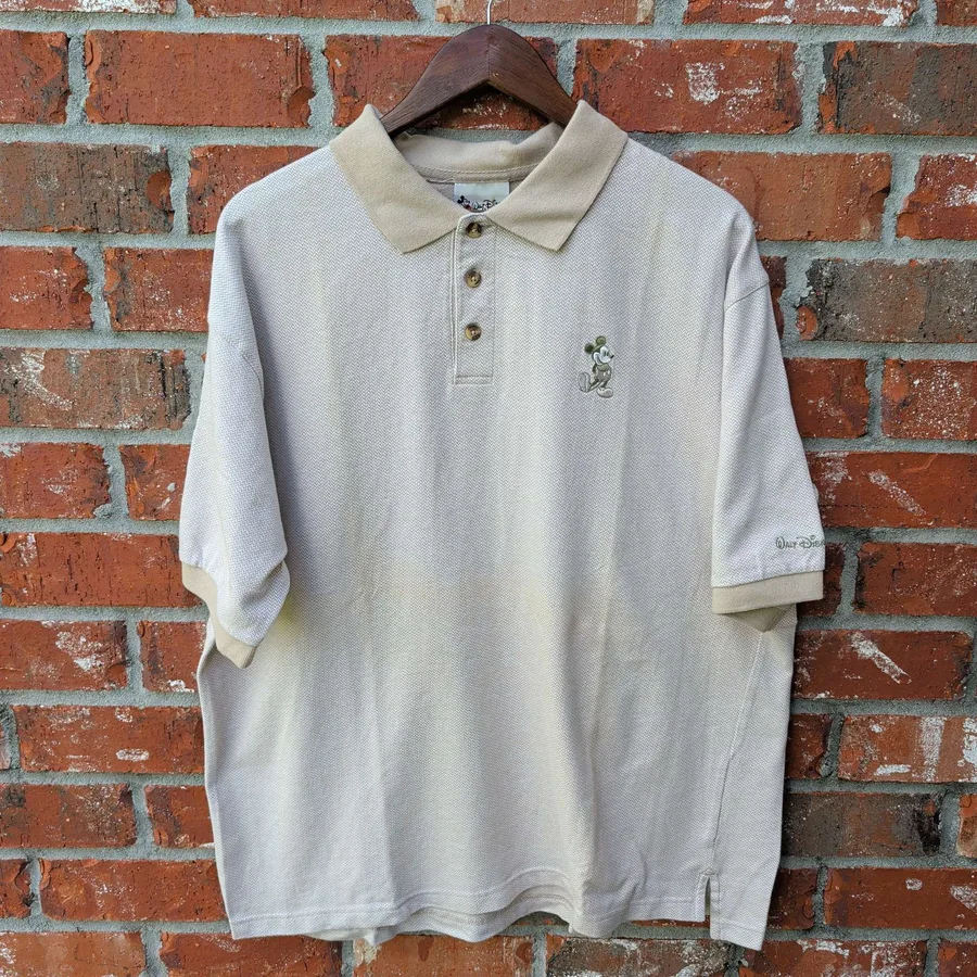 Walt Disney World Mickey Mouse Polo Shirt Mens XL Tan Herringbone Vintage