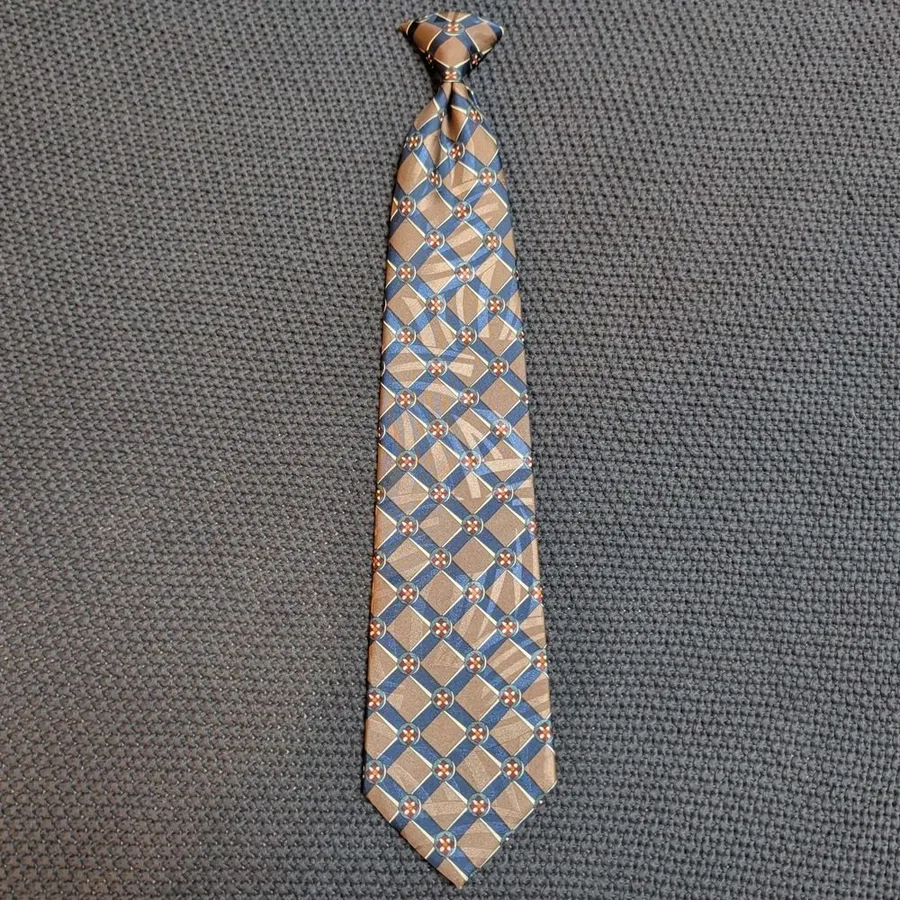 Wembley Clip On Tie Mens OS Brown Blue Geometric Medallion Polyester USA Made