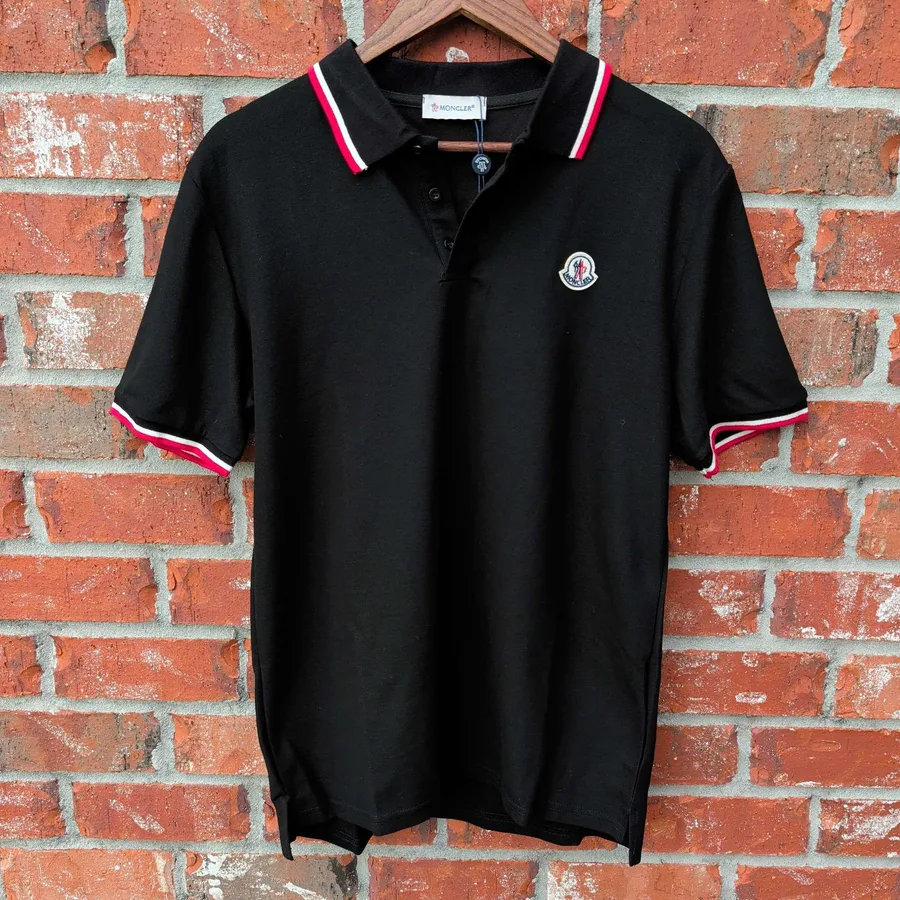 Moncler Tipped Polo Shirt Mens 2XL Black Pique Short Sleeve New With Tags