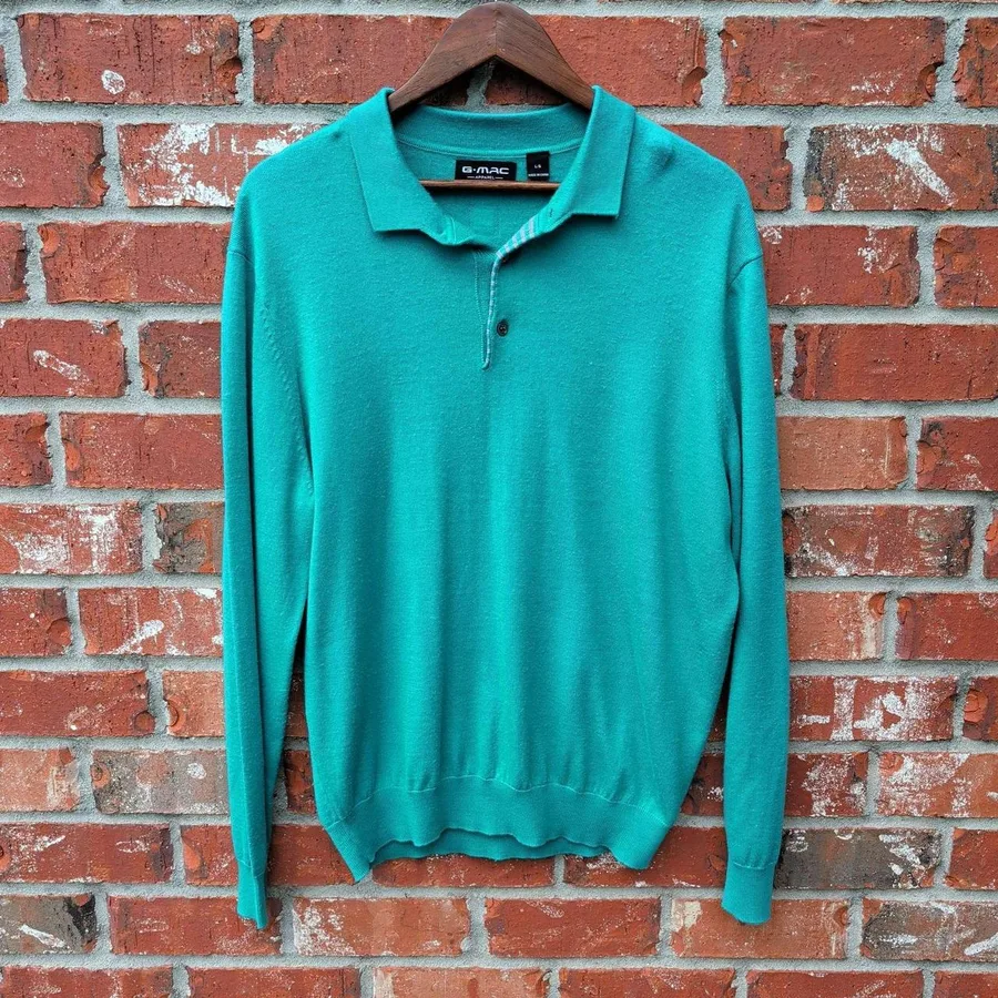 G-Mac Polo Sweater Mens Large Teal Green Merino Wool Blend Long Sleeve Golf