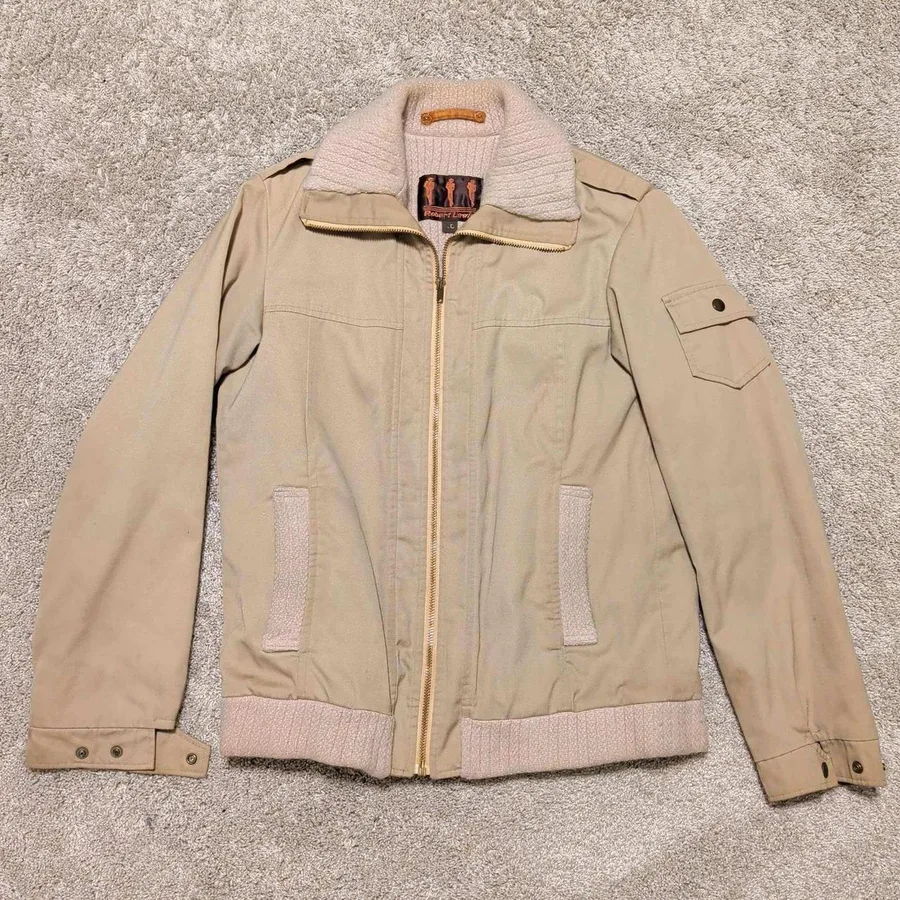 Robert Lewis Bomber Jacket Mens Large Tan Vintage Knit Trim Talon Zip Epaulets