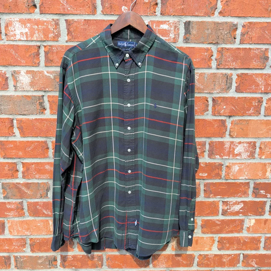VTG 90s Polo Ralph Lauren Plaid Shirt Mens XXL Green Navy Tartan Button Down