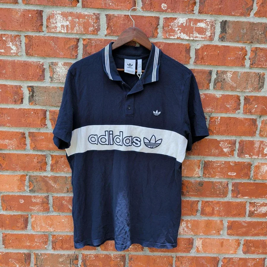 Adidas Polo Shirt Mens Large Navy Blue Colorblock Trefoil Graphic EC9307