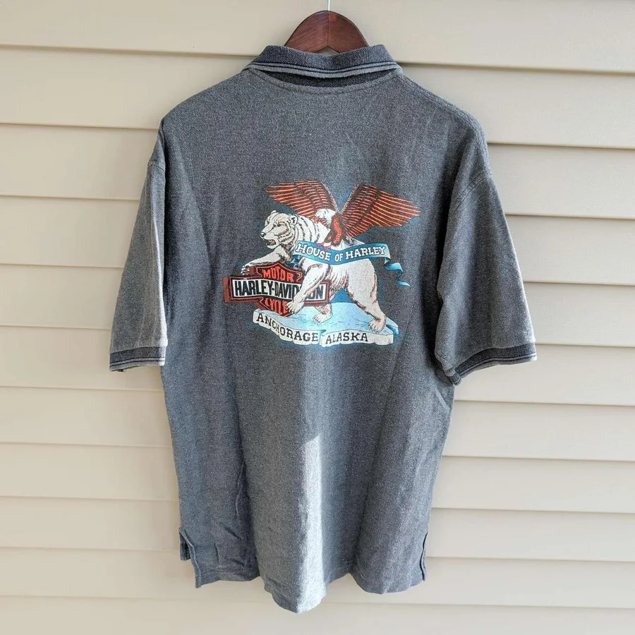 Harley-Davidson Polo Shirt Mens Large Gray Anchorage Alaska Polar Bear Graphic