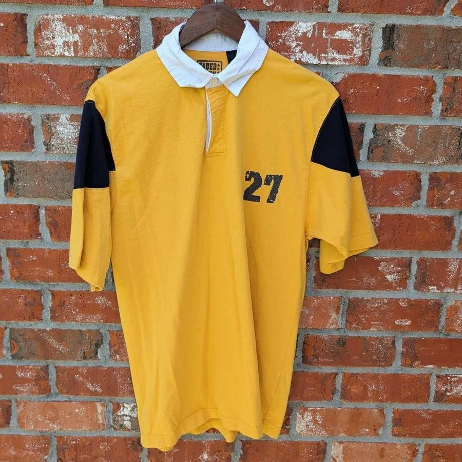 Faded Glory Rugby Shirt Mens Medium Yellow Y2K Colorblock Short Sleeve