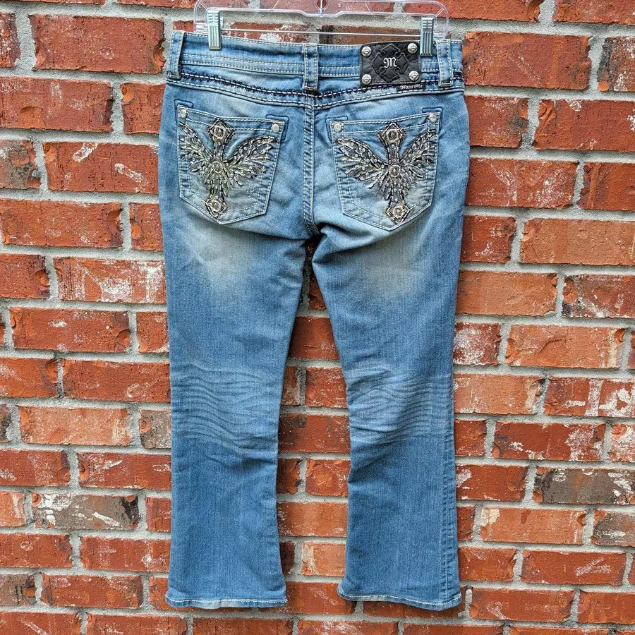 Miss Me Bootcut Jeans Women 30 Blue Light Wash Embellished Winged Cross