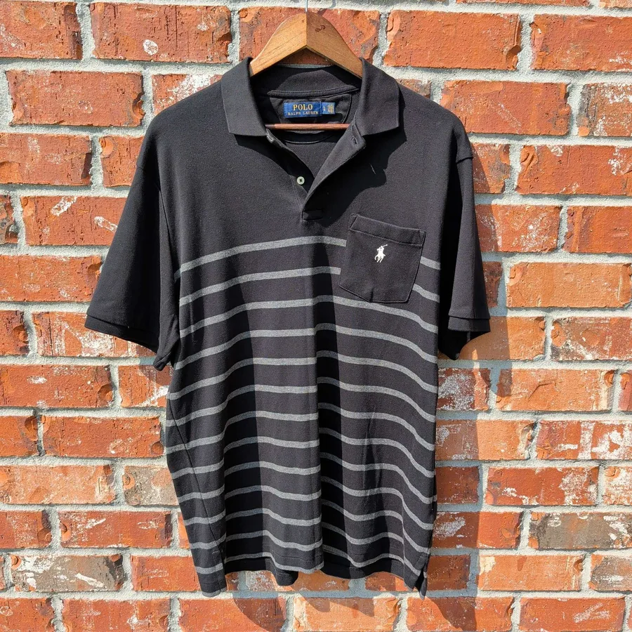 Polo Ralph Lauren Polo Shirt Mens Large Black Grey Striped Pocket Pony Logo