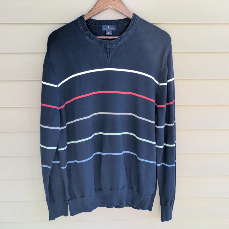 Brooks Brothers Striped Sweater Mens XL Navy Cotton Crewneck Pullover