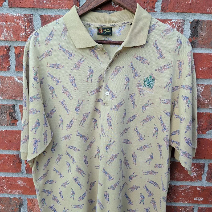 Bobby Jones Golf Polo Mens XL Tan Allover Print Lansdowne Cotton Vintage