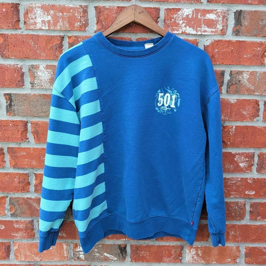 Levi's Sweatshirt Mens XS Blue Teal Striped 501 Graphic Oversized Crewneck