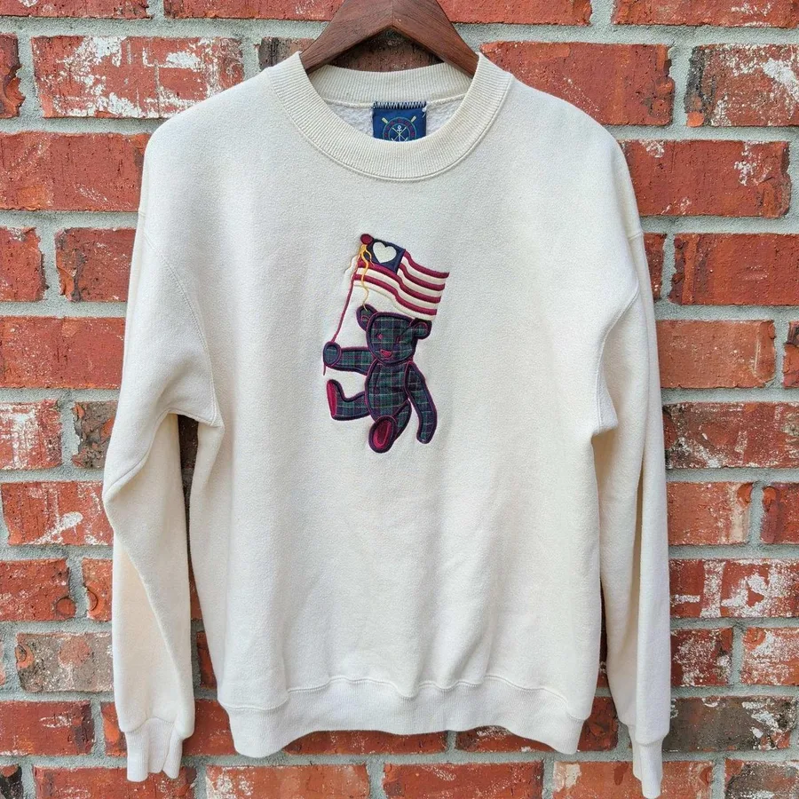 Oarsman 913 Sweatshirt Mens Medium Cream Plaid Teddy Bear American Flag Vintage
