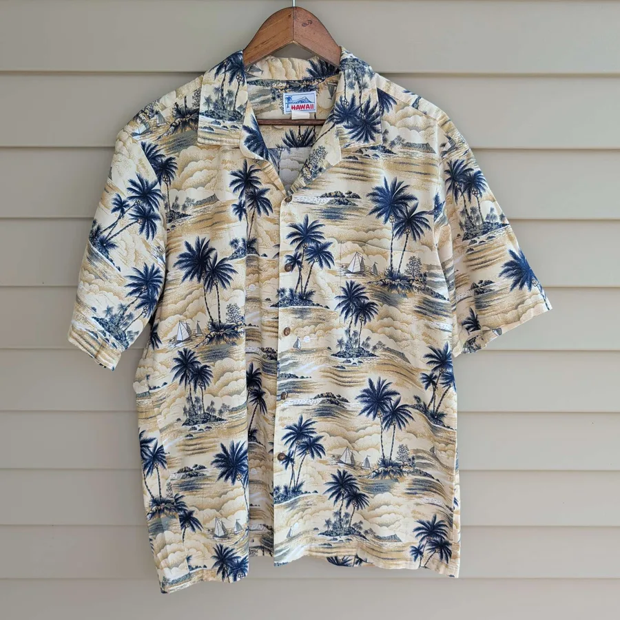 Hawaii Brand Vintage Hawaiian Shirt Mens XL Tan Palm Tree Sailboat Print Cotton
