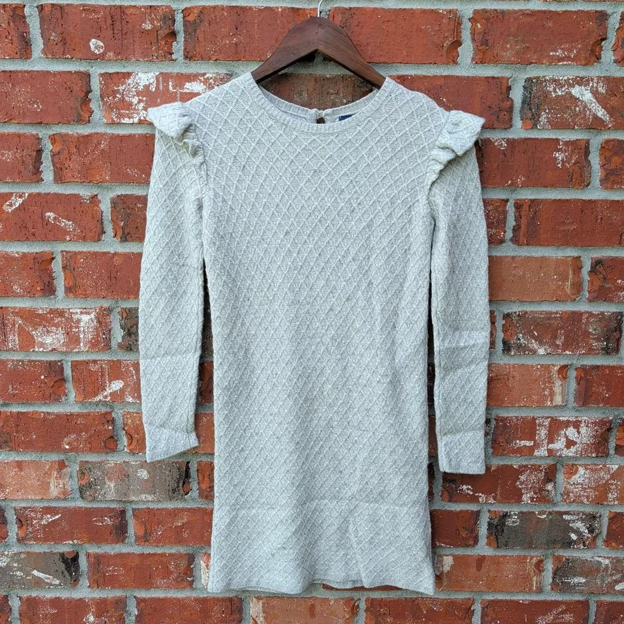 Polo Ralph Lauren Sweater Dress Girls M 8-10 Gray Diamond Knit Ruffle Shoulder