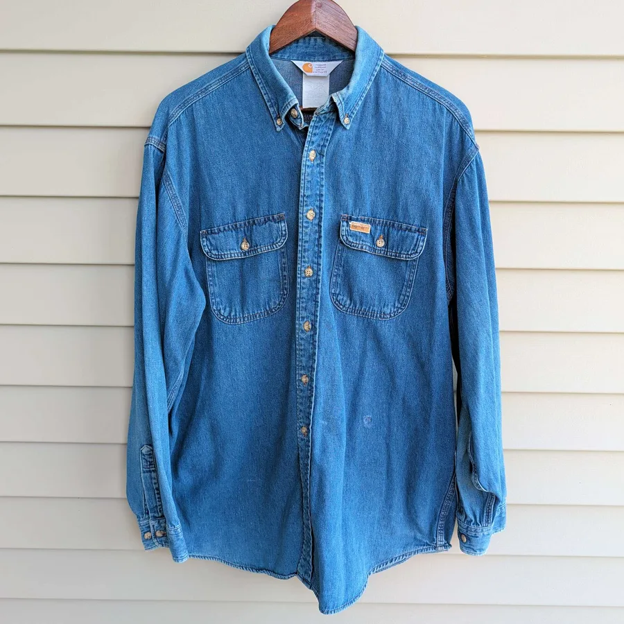VTG Carhartt Denim Work Shirt Mens L Blue Long Sleeve Button Down Vintage